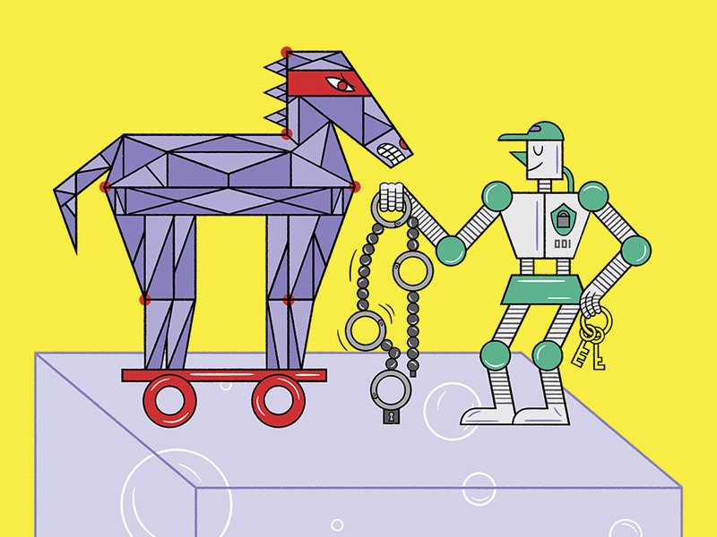 Die Illustration zeigt ein trojanisches Pferd und einen Roboter, der in der einen Hand ein Kettenschloss, in der anderen einen Schlüsselbund hält.
