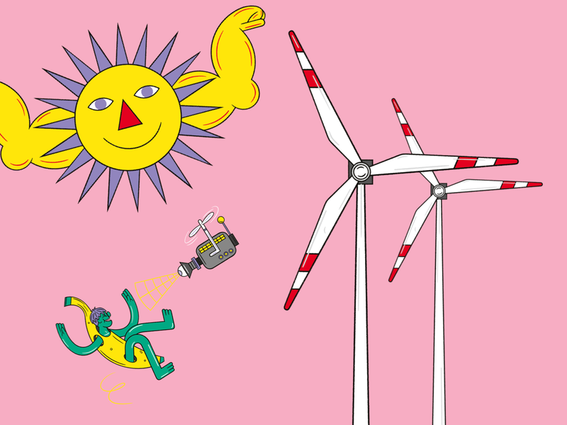 5.	Eine Sonne mit Muskeln, zwei Windräder und eine Drohne, die eine fliegende Person in Bananenkostüm filmt.